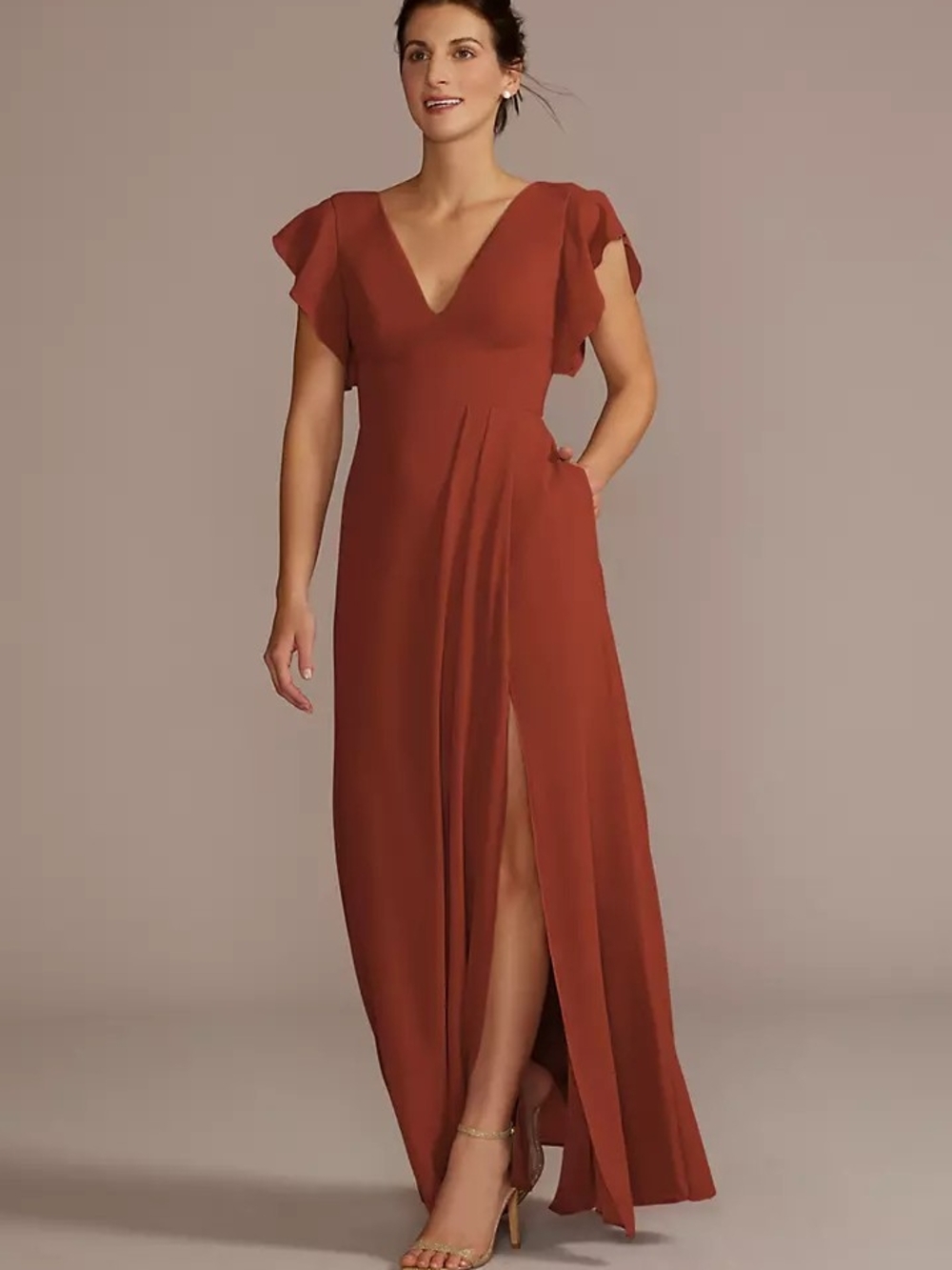Elegant Rust V-Neck Flutter Sleeve Maxi Dress